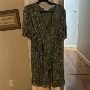 Inspired Hearts Green Puff Sleeve Wrap Midi Dress